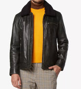 Men's Distressed Aviator Black Leather Jacket